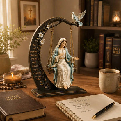 ✝️ Blessed Mary Cradle Swing Ornament – Luke 1:46–47 Faith Table Decor | Holy Virgin Prayer Sculpture with Dove & Crescent Arch Home Decoration