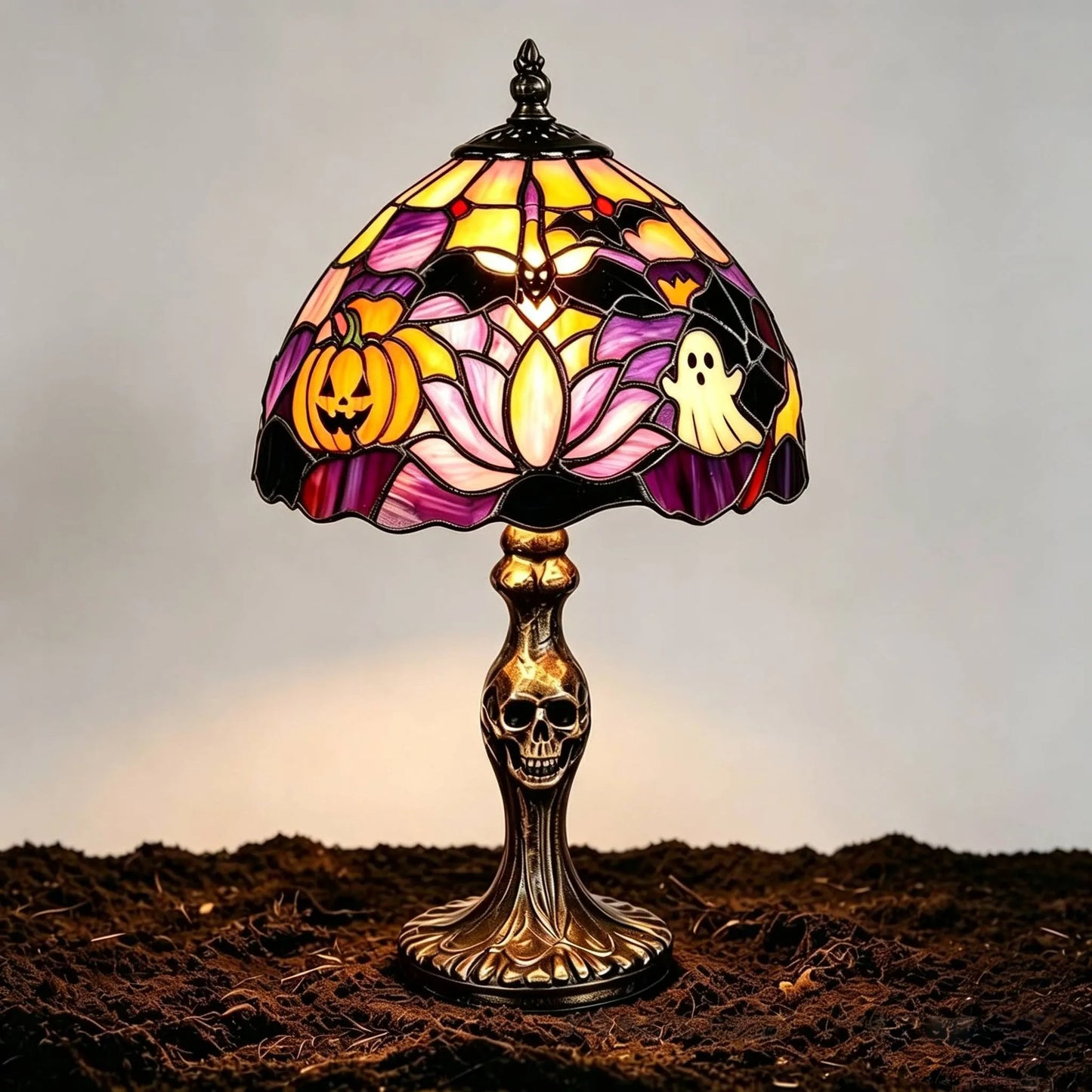 🎃 Halloween Stained Glass Skeleton Table Lamp | USB Gothic Night Light