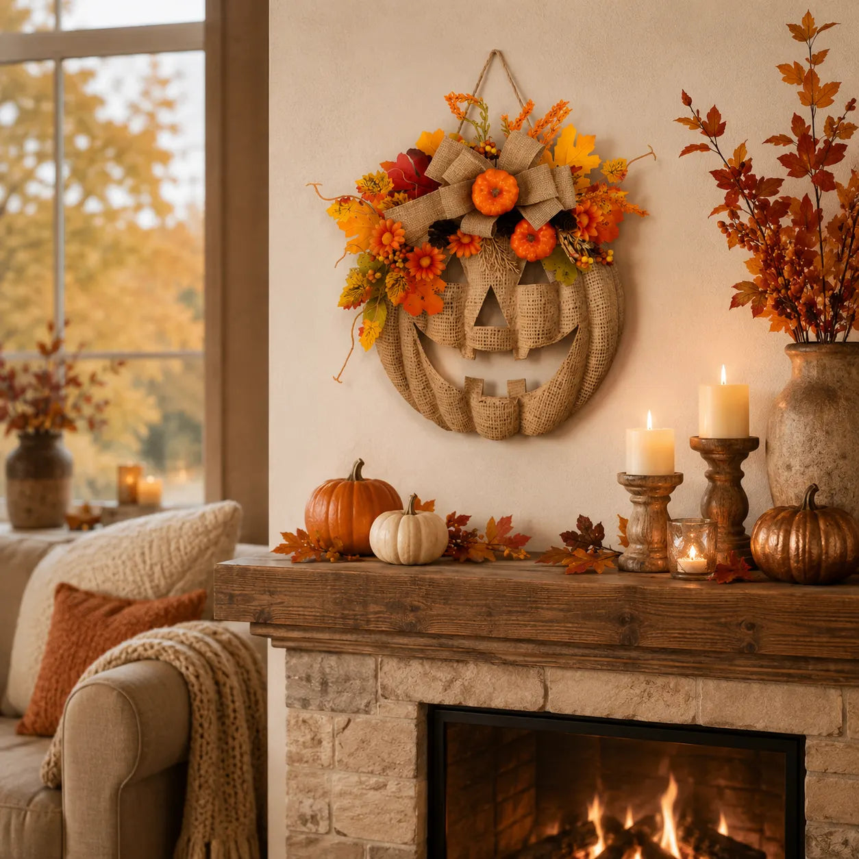 Lighted Burlap Pumpkin Wreath 🎃✨ Cozy Fall Door Decor with Warm LED String Lights