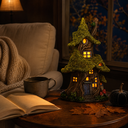 Whimsical Lighted Enchanted Moss Tree House with Timer