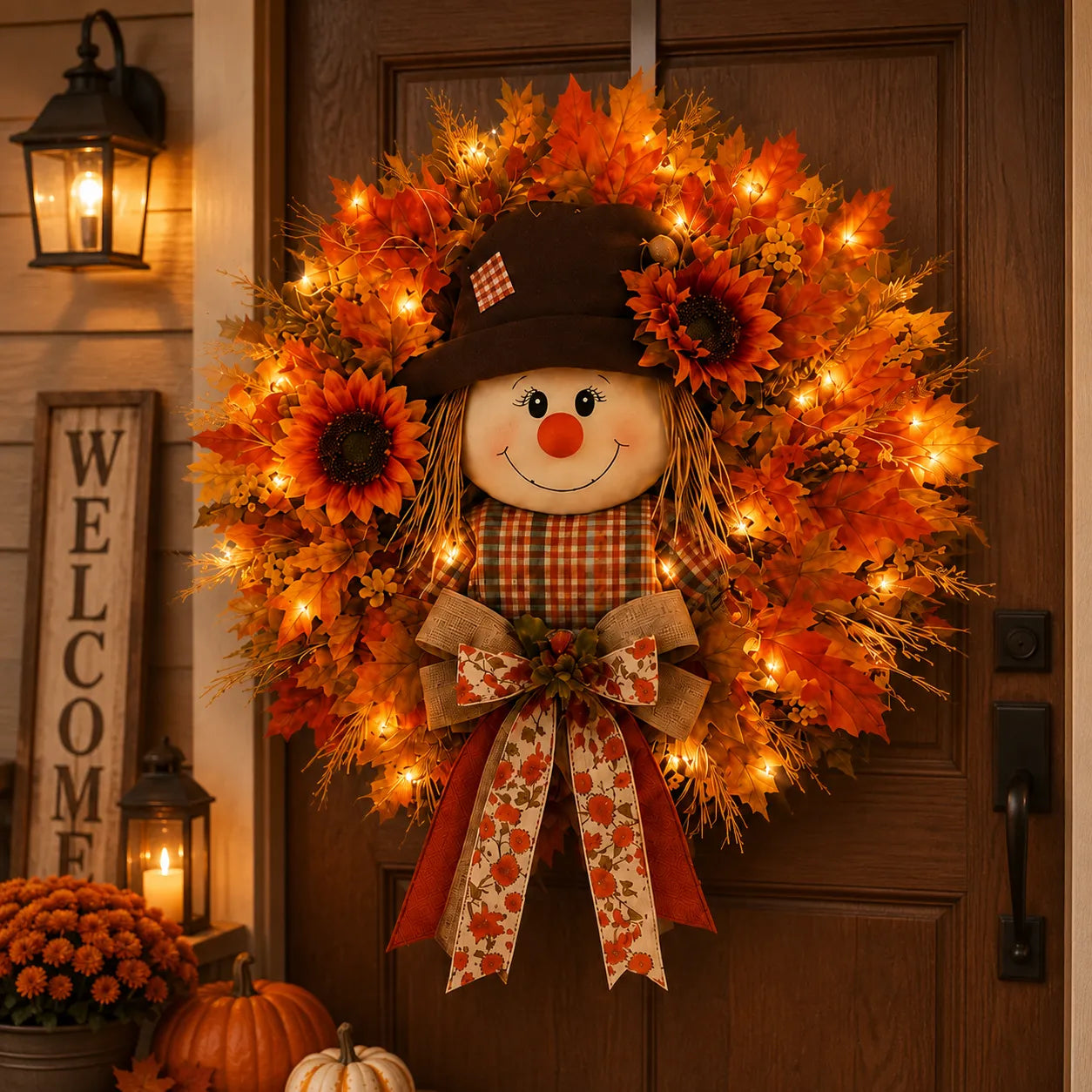 🍂🌻 Lighted Scarecrow Fall Wreath for Front Door