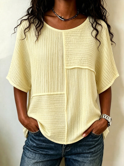 🔥CLEARANCE SALE🔥Women's Textured Patchwork Top with Round Neck and Short Sleeves