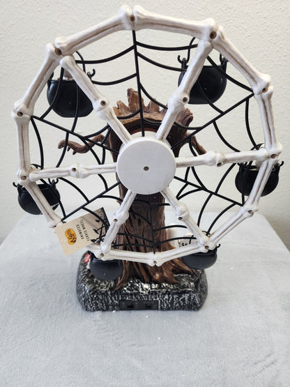 Rotating Halloween Ghost Tree Ferris Wheel Table Decor, LED Light Up Skeleton Spider Web Spooky Figurine with Sound