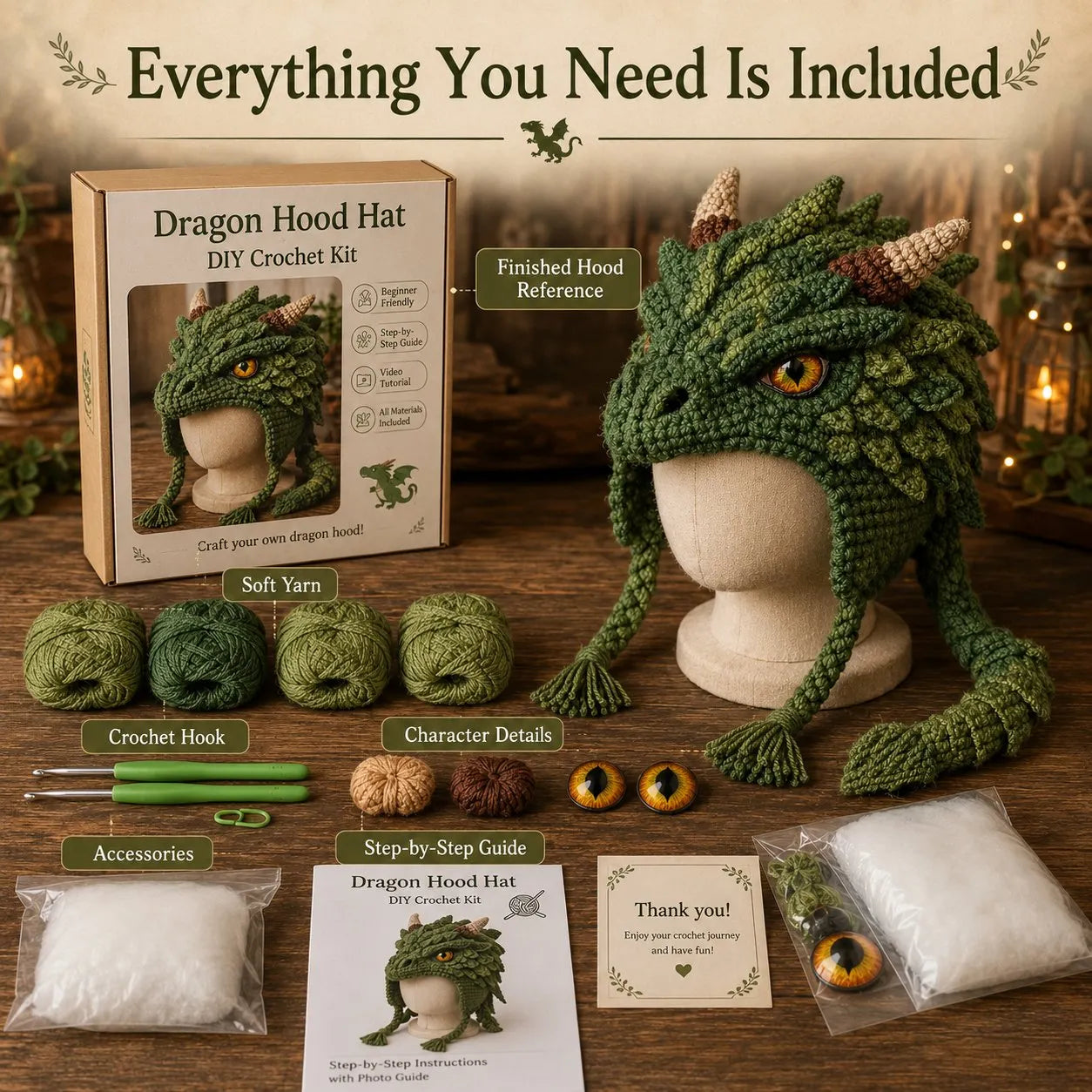 🧵Fantasy Hood Hat DIY Crochet Kit – Create Your Own Magical Wearable Character Hat