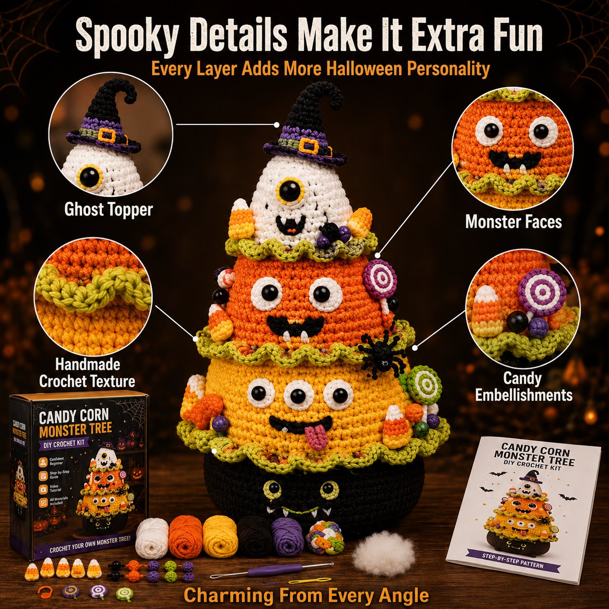 🎃Halloween Tree DIY Crochet Kit | All-In-One Kit for a Layered 7-Inch Spooky Tabletop Decoration 🧶👻✨