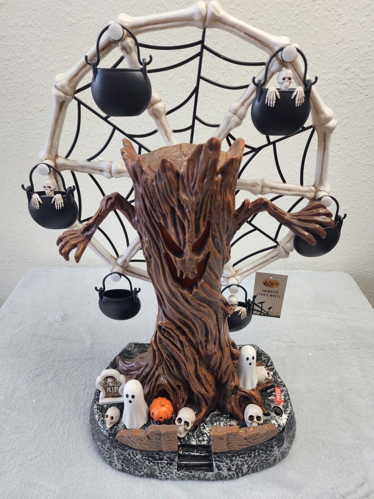 Rotating Halloween Ghost Tree Ferris Wheel Table Decor, LED Light Up Skeleton Spider Web Spooky Figurine with Sound