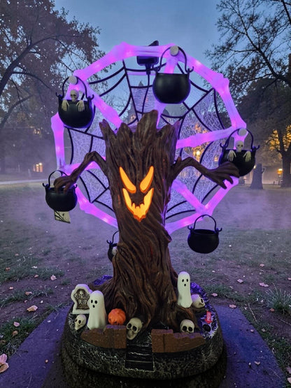 Rotating Halloween Ghost Tree Ferris Wheel Table Decor, LED Light Up Skeleton Spider Web Spooky Figurine with Sound