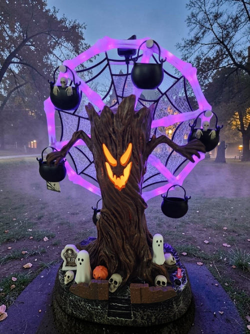 Rotating Halloween Ghost Tree Ferris Wheel Table Decor, LED Light Up Skeleton Spider Web Spooky Figurine with Sound