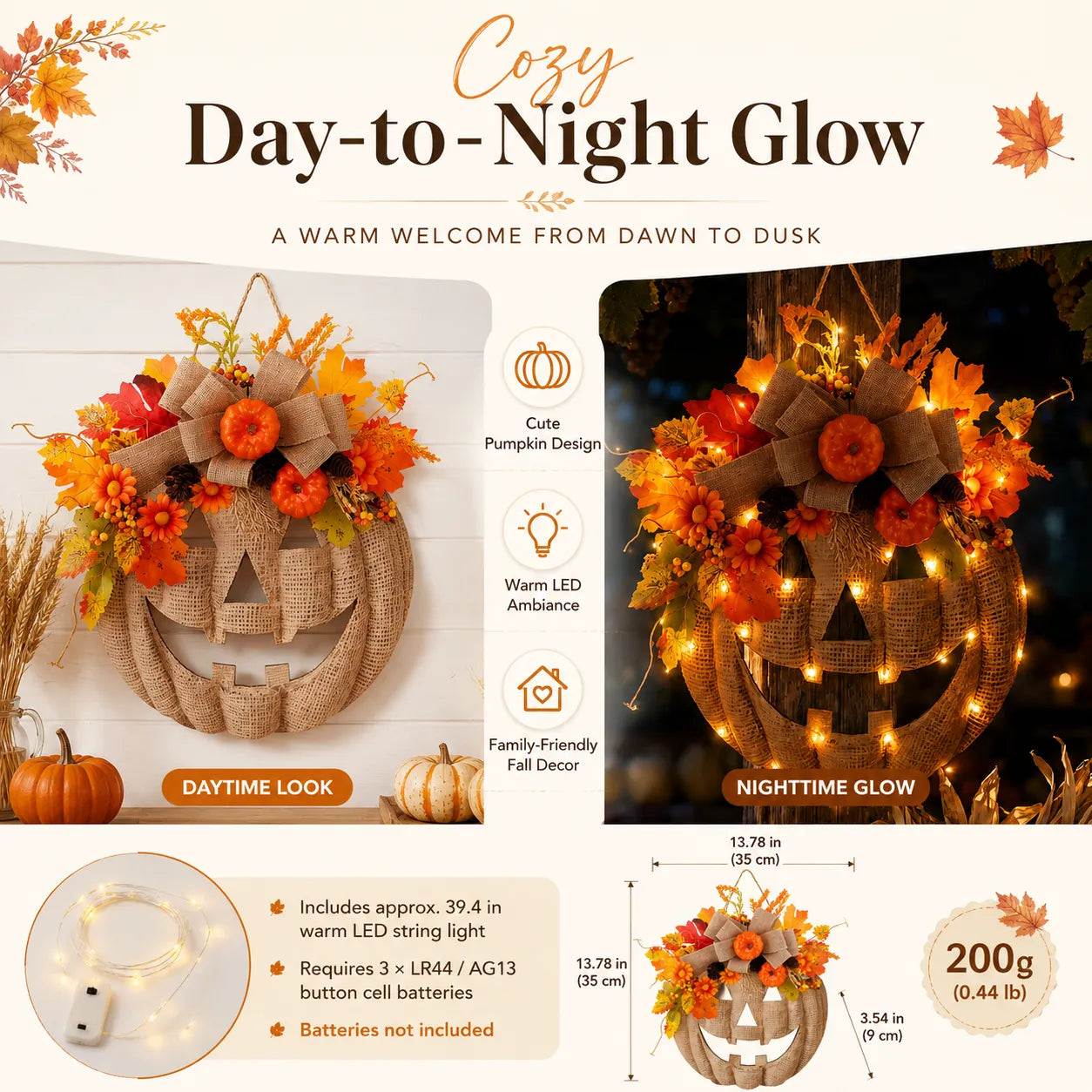 Lighted Burlap Pumpkin Wreath 🎃✨ Cozy Fall Door Decor with Warm LED String Lights