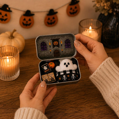 Halloween Mini Ghost Tin Box Set - Cute Spooky Halloween Travel Figurine