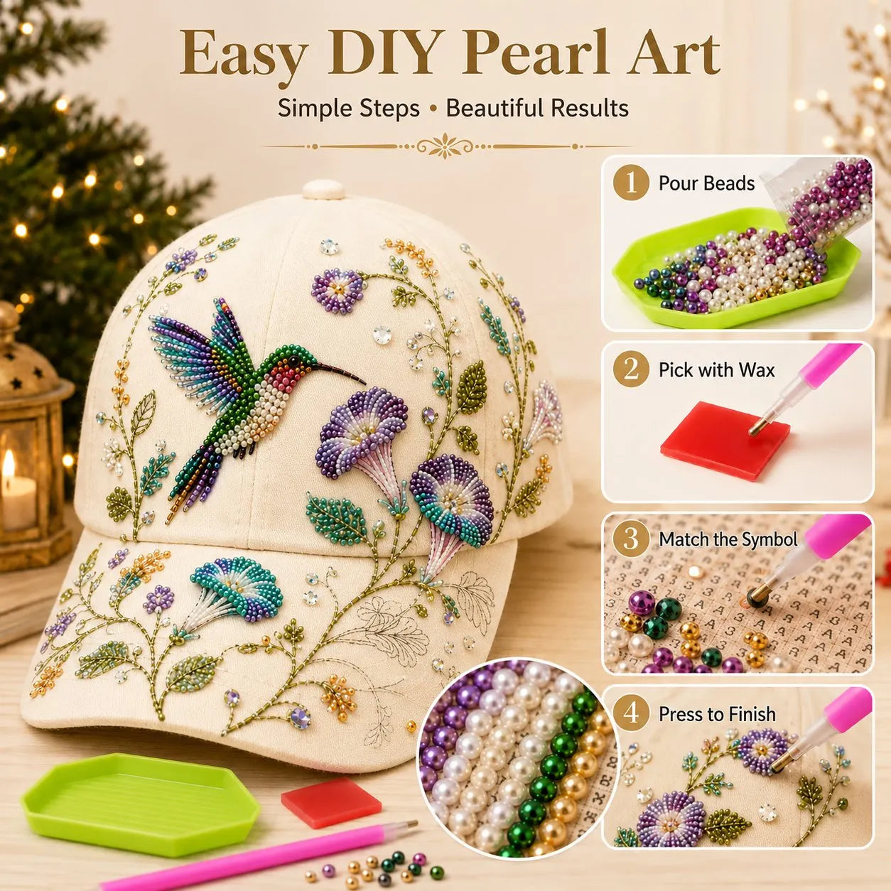 🐦🌸 Premium Hummingbird Garden Beaded Hat DIY Kit | DIY Handmade Floral Cap Decor 🌿🪡✨