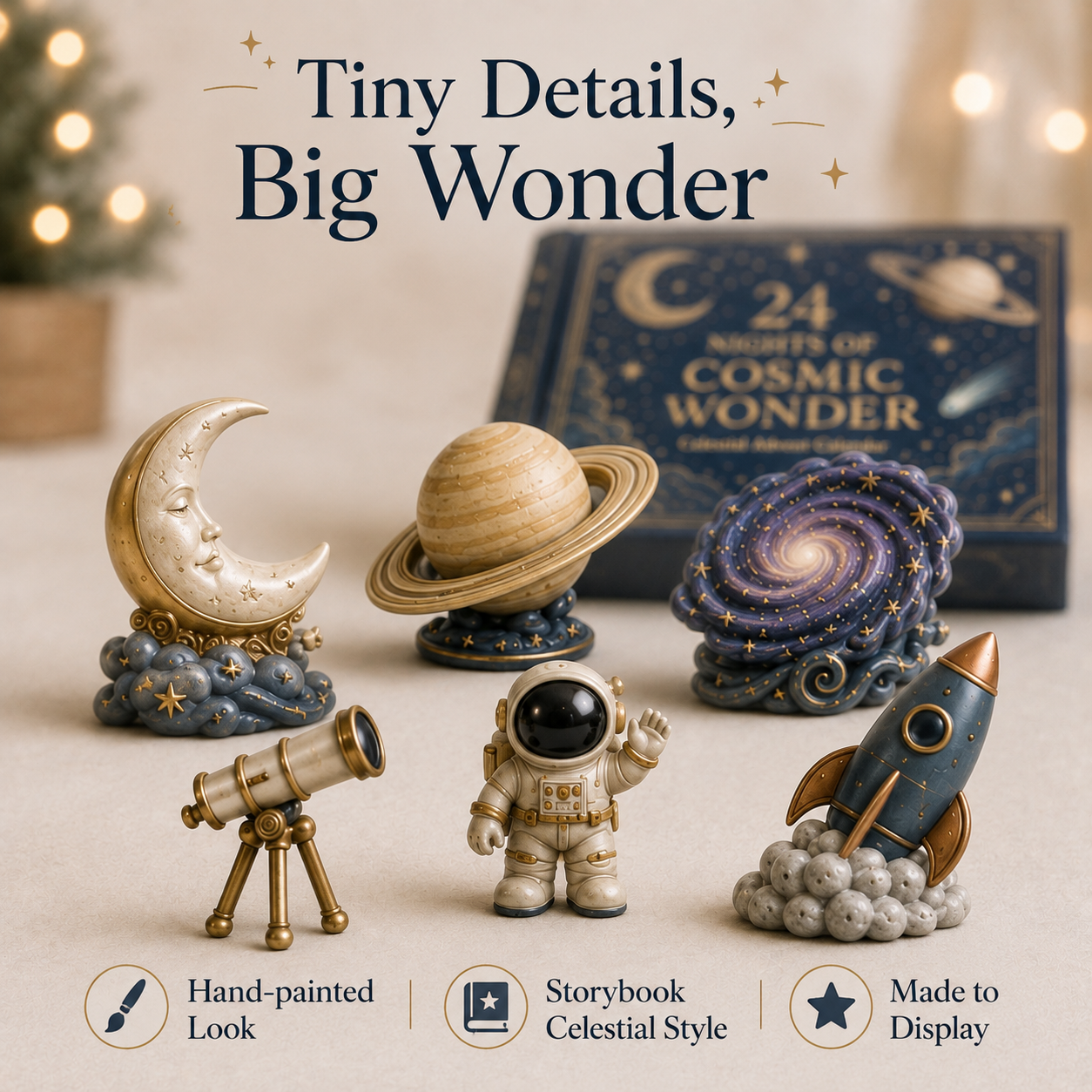 Close up celestial miniatures with moon Saturn galaxy astronaut telescope and rocket
