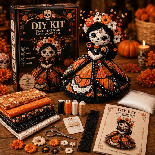Day of the Dead Patchwork Doll DIY Kit | Handmade Fabric Craft with Floral Details