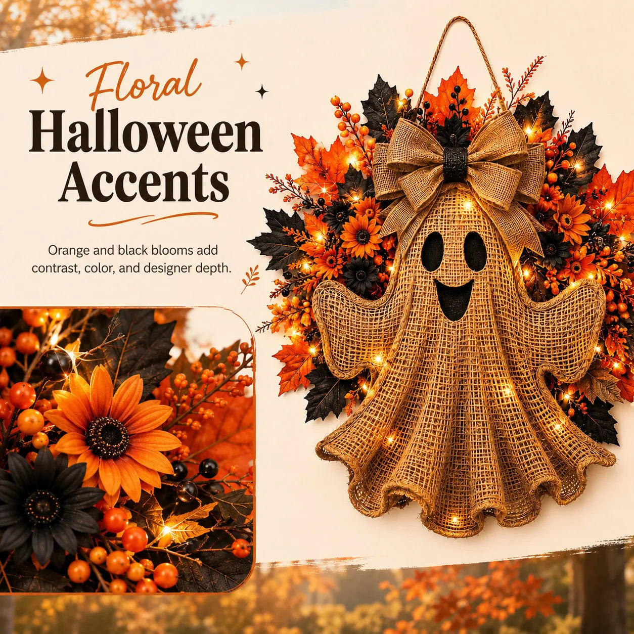 Lighted Halloween Ghost Wreath with Autumn Leaves