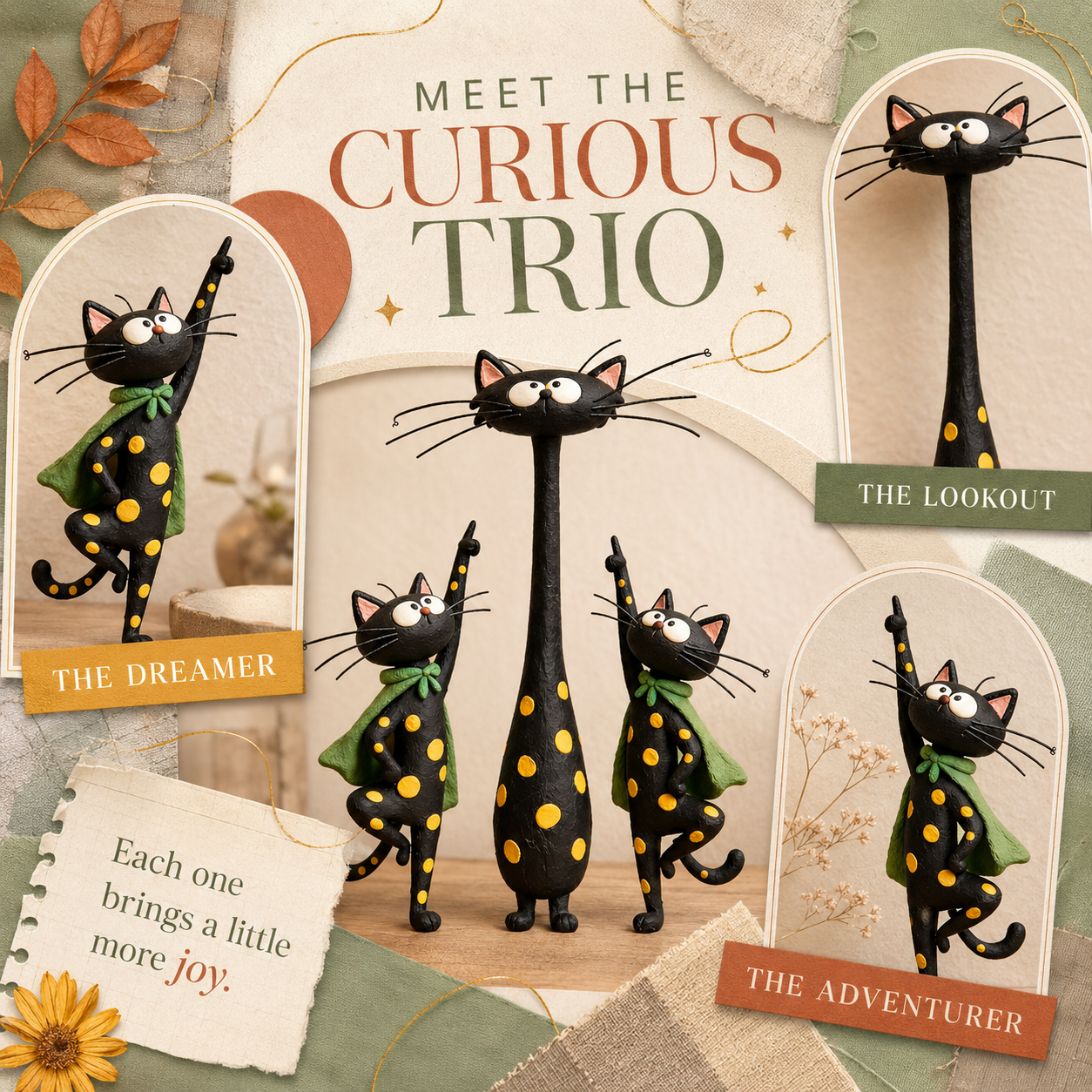 The Curious Cat Trio – Whimsical Black Cat Figurine Set