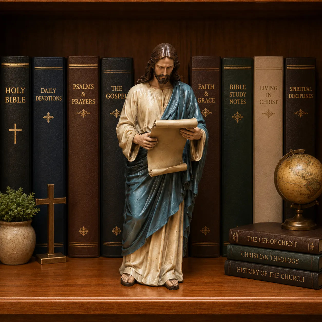 Jesus Figurine Bookshelf Decor Set – Christian Faith-Inspired Statues for Bible Study Room, Prayer Corner & Home Décor
