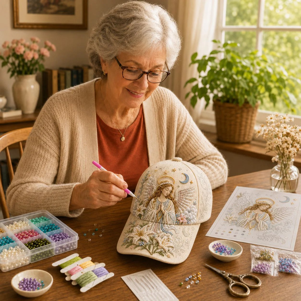 ✝️🧢 Premium Christian Faith Beaded Hat DIY Kit | Luxury Flocked Canvas with Scratch-Resistant Non-Fading Pearl Beads DIY Handmade Devotional Cap Decor 🕊️🪡✨