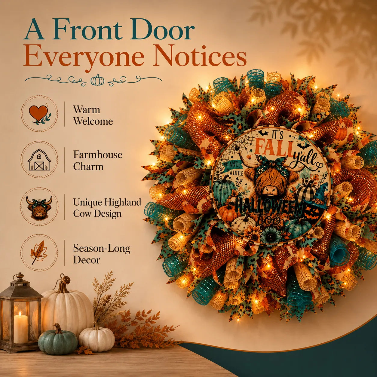 🍂Lighted Highland Cow Fall Halloween Wreath for Front Door