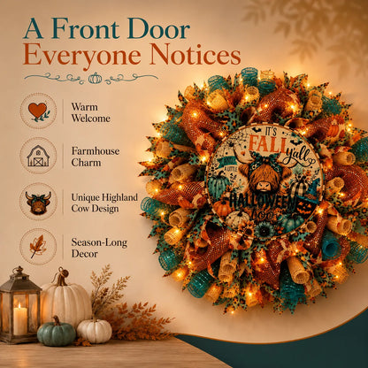 🍂Lighted Highland Cow Fall Halloween Wreath for Front Door