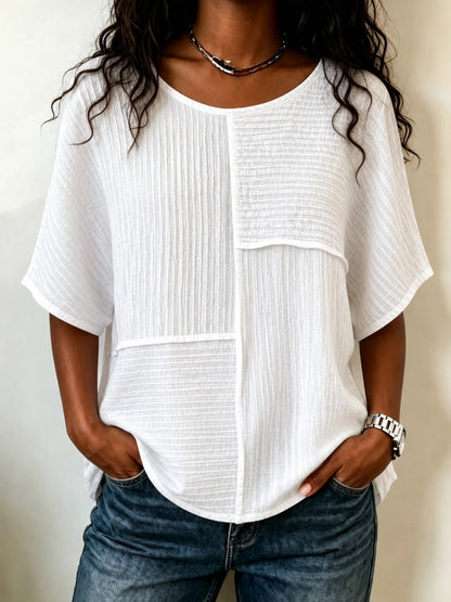 🔥CLEARANCE SALE🔥Women's Textured Patchwork Top with Round Neck and Short Sleeves