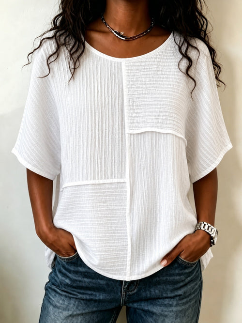 🔥CLEARANCE SALE🔥Women's Textured Patchwork Top with Round Neck and Short Sleeves