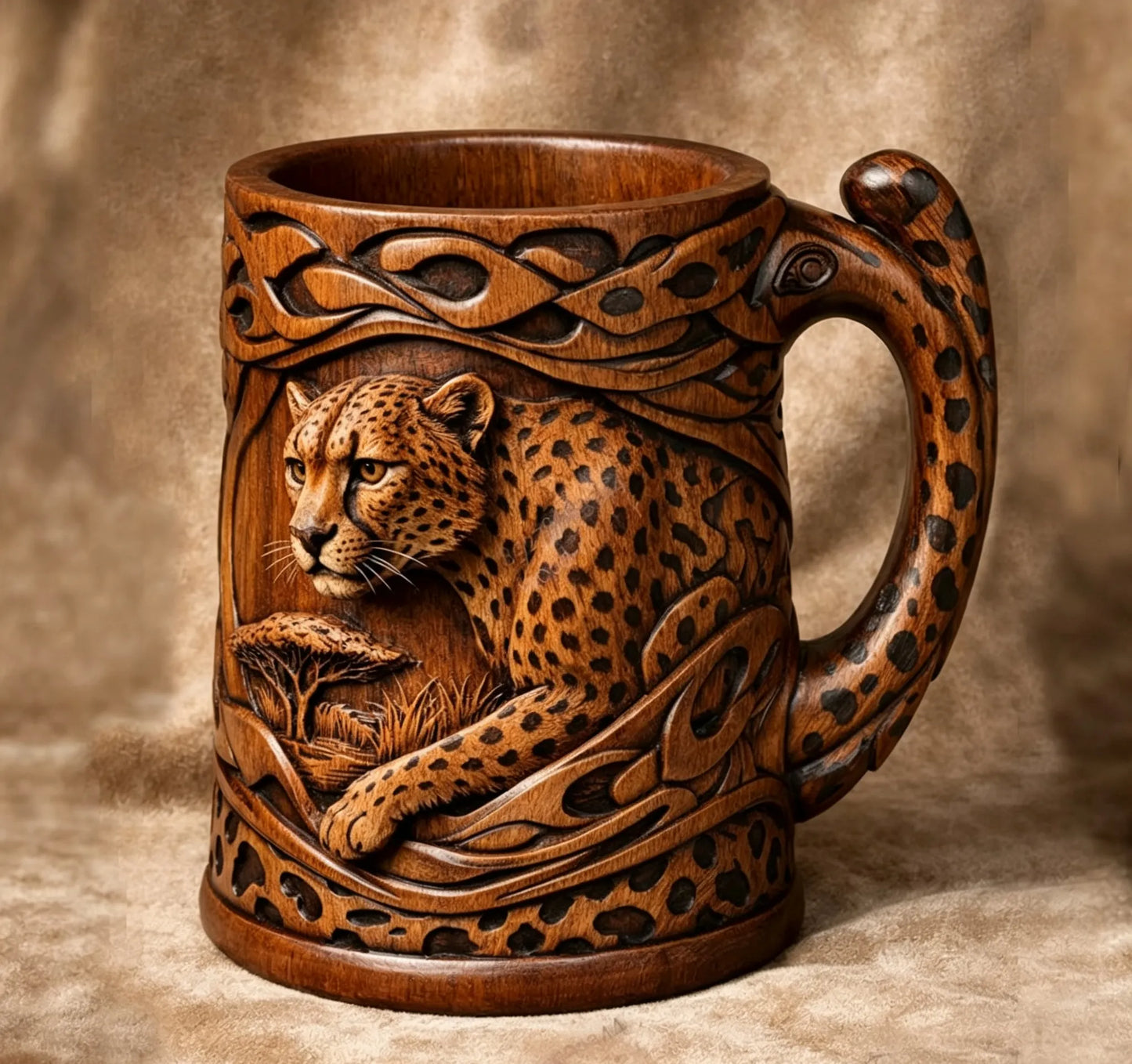 🐯 3D Carved Animal Wooden Texture Beer Mug | Vintage Resin Sculpted Wildlife Drinking Cup
